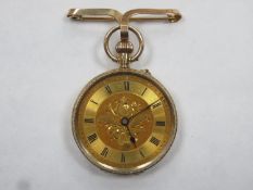 Pretty 9ct gold French style ladies fob watch, with floral decorated circular dial, roman