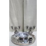 Quantity of various silver plated ware including galleried serving tray, candelabra, cake basket,
