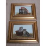 Bessie Bamber (1870-1910), pair of framed oil on opaque glass panels, depicting 'Kittens with a