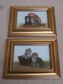 Bessie Bamber (1870-1910), pair of framed oil on opaque glass panels, depicting 'Kittens with a