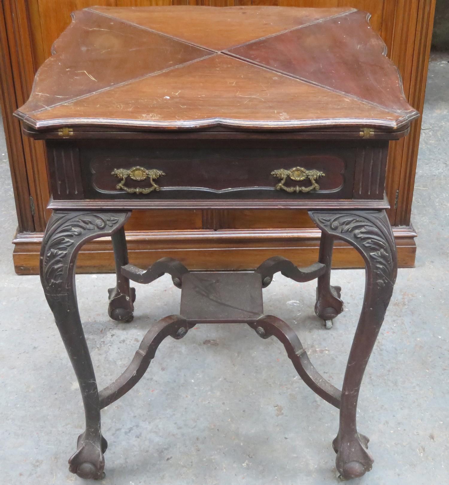 19th century mahogany envelope games table, fitted with single drawer to front, with felt lined - Image 2 of 2