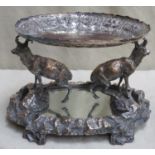Victorian silver plated stag form table centrepiece with mirrored base plus repousse decorated tray,