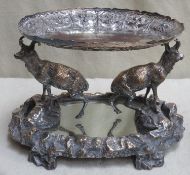 Victorian silver plated stag form table centrepiece with mirrored base plus repousse decorated tray,