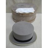 Woodrow of Liverpool, vintage grey silk top hat, boxed, plus gloves, Approx. 61cm circumference.