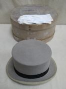 Woodrow of Liverpool, vintage grey silk top hat, boxed, plus gloves, Approx. 61cm circumference.