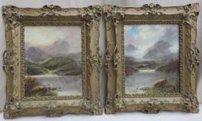 G Drummond pair of ornately gilt framed oil on canvases depicting country lake scenes. Approx. 50