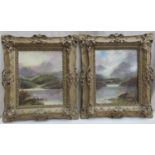 G Drummond pair of ornately gilt framed oil on canvases depicting country lake scenes. Approx. 50