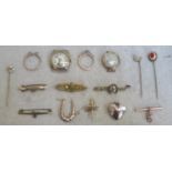 Parcel of gold items including two watch faces, brooches, hatpins etc