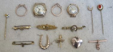 Parcel of gold items including two watch faces, brooches, hatpins etc