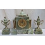 French style green onyx clock and garniture set, with gilded and ormolu mounted decoration