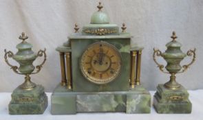 French style green onyx clock and garniture set, with gilded and ormolu mounted decoration