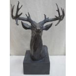 Early/mid 20th century bronze effect bust of a stag, mounted on black slate plinth. Approx. 49cm