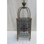 Victorian brass ceiling light shade, with leaded stained glass panels. Approx. 141cm