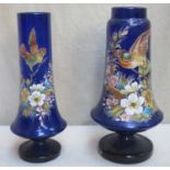 Two Victorian bristol blue coloured glass sleeve vases, both decorated with birds and floral