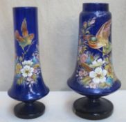 Two Victorian bristol blue coloured glass sleeve vases, both decorated with birds and floral