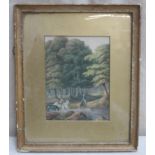 19th century gilt framed watercolour, depicting a a woodland scene with figures on horseback