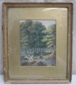 19th century gilt framed watercolour, depicting a a woodland scene with figures on horseback