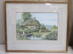 19th century English school watercolour, depicting a countryside cottage scene with figure and