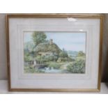 19th century English school watercolour, depicting a countryside cottage scene with figure and