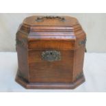 Brass bound mahogany octagonal decanter box, with hinged cover. Approx. 25cm H x 29.5cm W