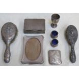 Parcel of hallmarked silver including photo frame, cigarette case, open salts, dressing brushes, egg