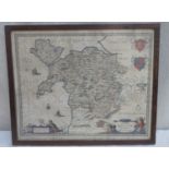 Early framed colour engraved map of Wales, published by Petri Schenk and Gerardi Valck. Approx. 42.5