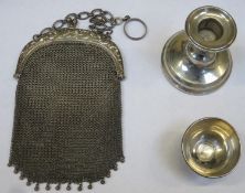 20th century hallmarked silver candle stand, small silver egg cup, plus mesh evening purse