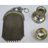 20th century hallmarked silver candle stand, small silver egg cup, plus mesh evening purse