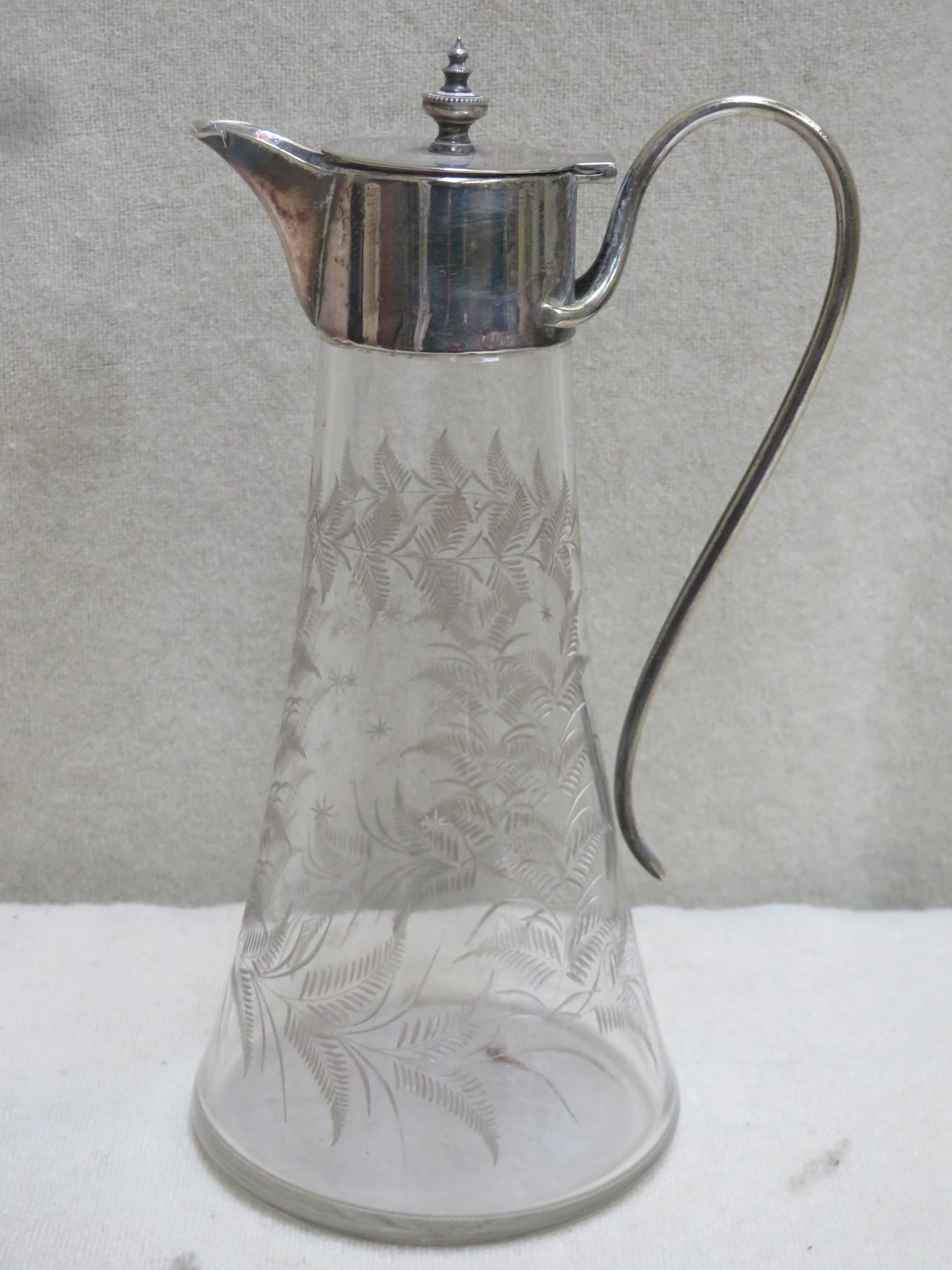 Pretty mid/late 19th century glass claret jug with etched fern decoration and silver plated hinged