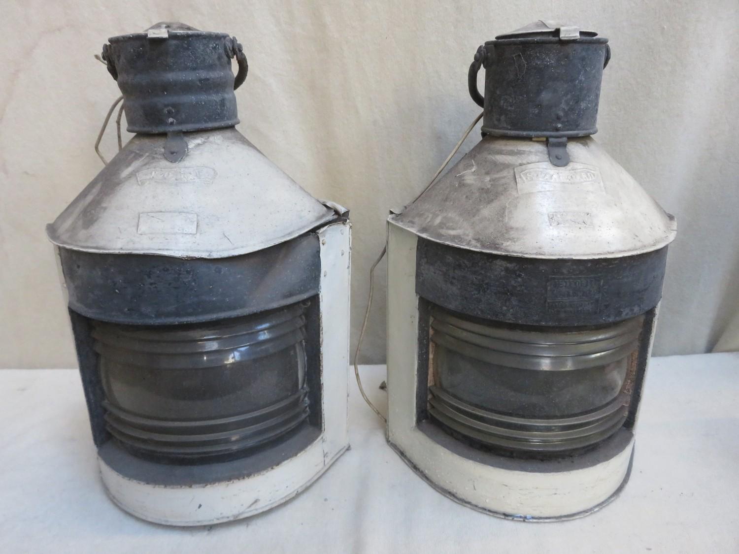 Two similar vintage painted hanging Port and Starboard ships lamps