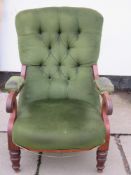 Victorian mahogany framed and green button back upholstered armchair. Approx. 102cm High