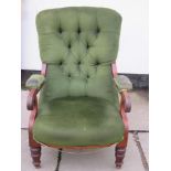 Victorian mahogany framed and green button back upholstered armchair. Approx. 102cm High