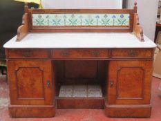 Victorian walnut marble topped and tiled backed wash stand. Approx. 104.5cm H x 141cm W x 61cm D