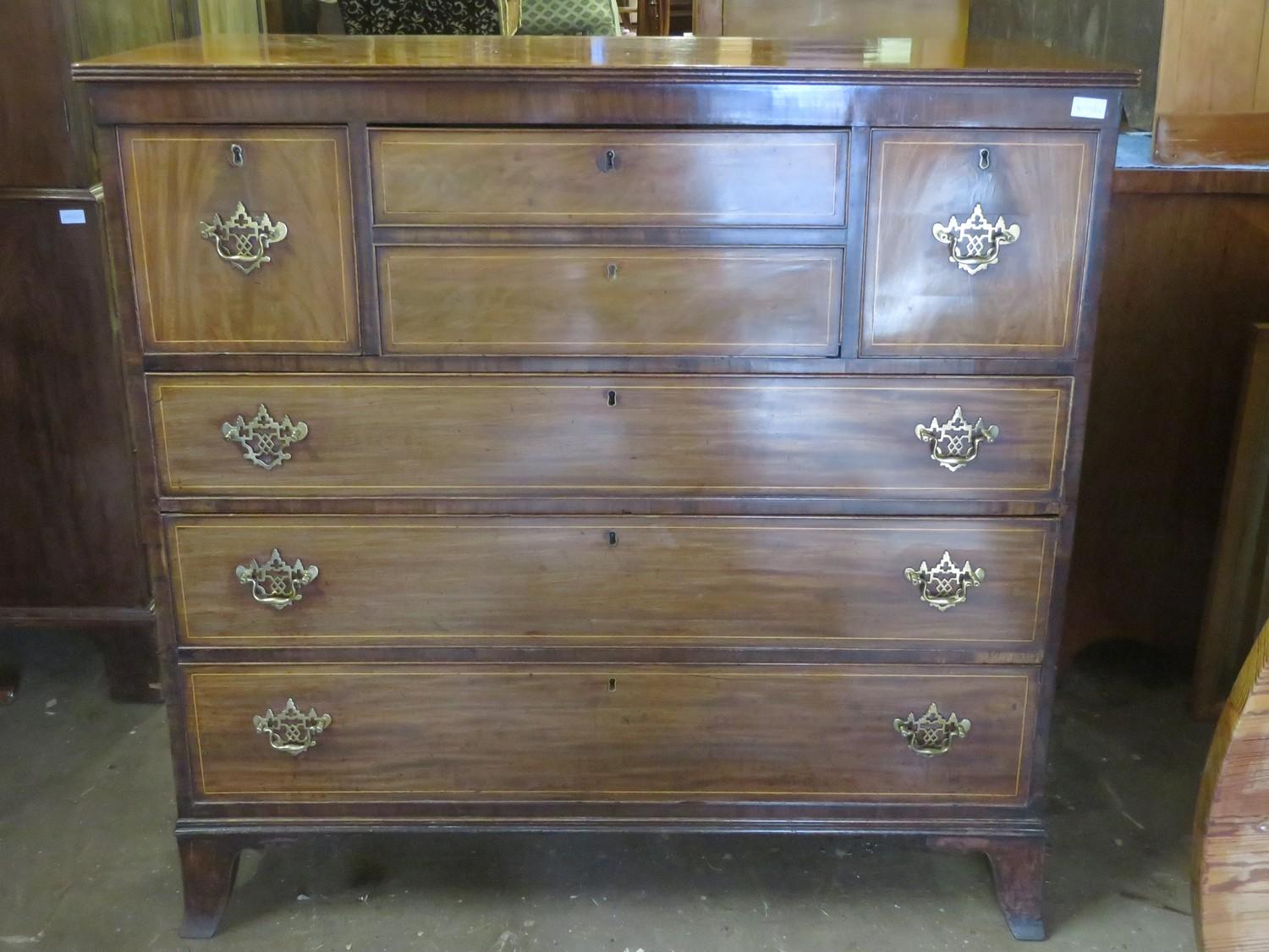 19th century mahogany inlaid secretaire chest bookcase, with fitted interior. Chest Approx. 117cm