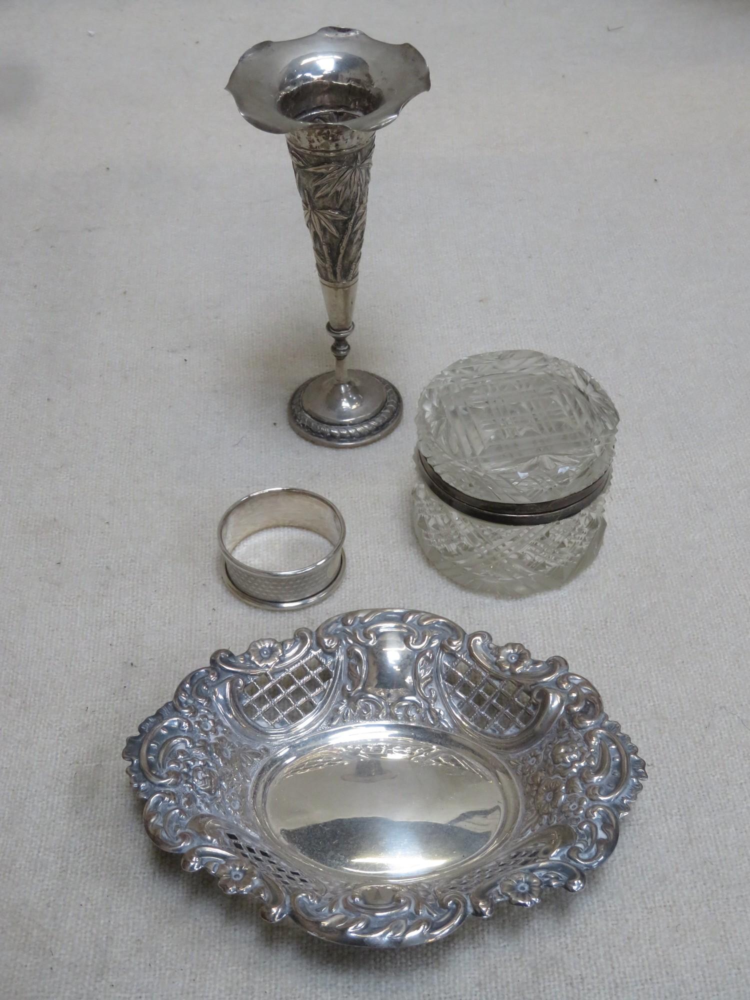 Hallmarked silver pierce work decorated receiver, London assay. Also silver napkin ring, silver