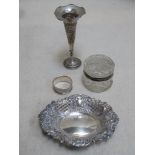 Hallmarked silver pierce work decorated receiver, London assay. Also silver napkin ring, silver