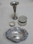 Hallmarked silver pierce work decorated receiver, London assay. Also silver napkin ring, silver