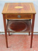 Small inlaid mahogany single drawer hall table. Approx. 61cm H x 39.5cm W x 3cm D