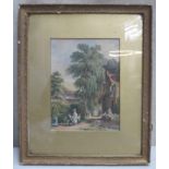 19th century gilt framed watercolour, depicting a village scene with figures, unsigned. Approx. 21.