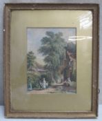 19th century gilt framed watercolour, depicting a village scene with figures, unsigned. Approx. 21.