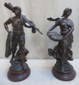 Pair of late 19th/early 20th century bronzed spelter figures, depicting a fisherman plus