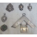 Four various hallmarked silver fobs, enamelled badge, plus masonic past masters jewel. Weight