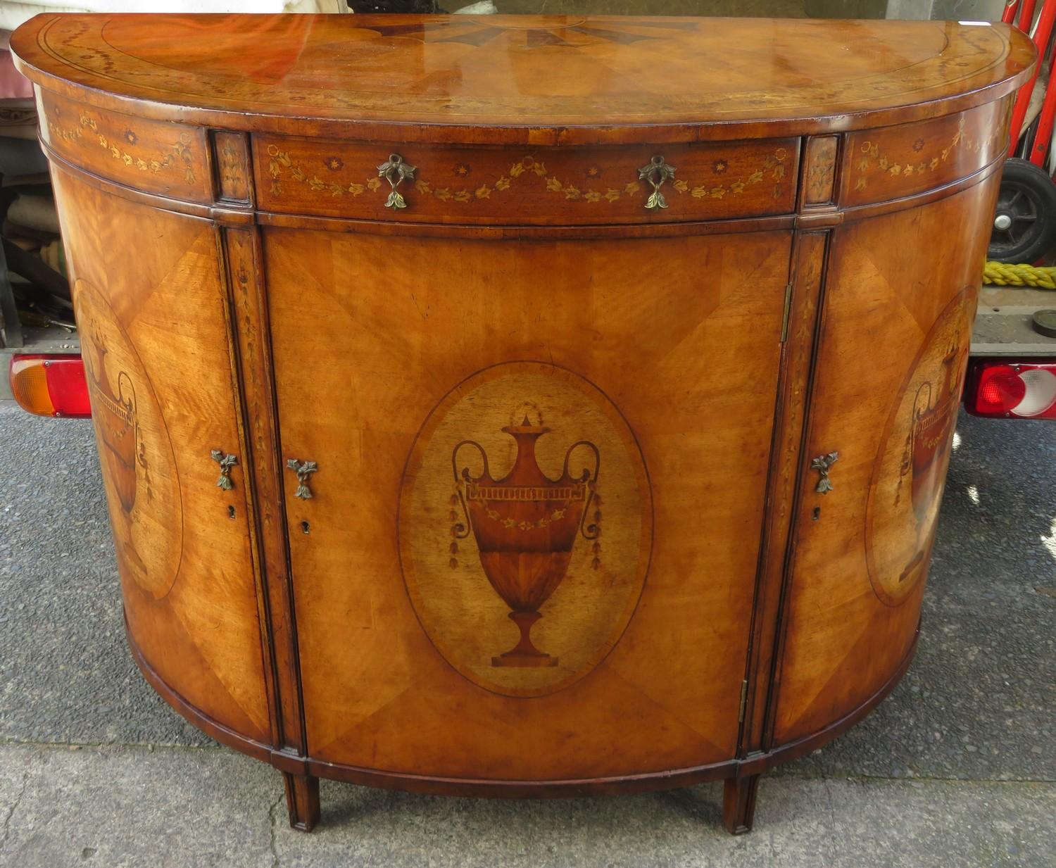 Early/mid 20th century walnut veneered half moon side cabinet, inlaid in the French manner with