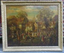 19th century framed unsigned oil on canvas, depicting a busy old English village fete. Approx.