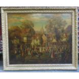 19th century framed unsigned oil on canvas, depicting a busy old English village fete. Approx.