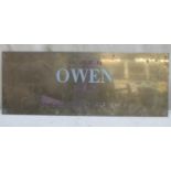 Vintage enamelled Owen Owen head office brass wall plaque. Approx 35 x 79cm