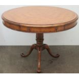 Early/mid 20th century walnut two drawer drum table, with geometric inlay throughout, on tripod