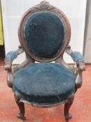 Carved Victorian mahogany upholstered salon style armchair, for restoration. Approx. 89cm H x 61cm W