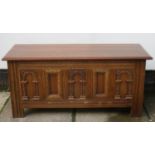 20th century carved fronted oak blanket chest. Approx. 52cm H x 140cm W x 44cm D