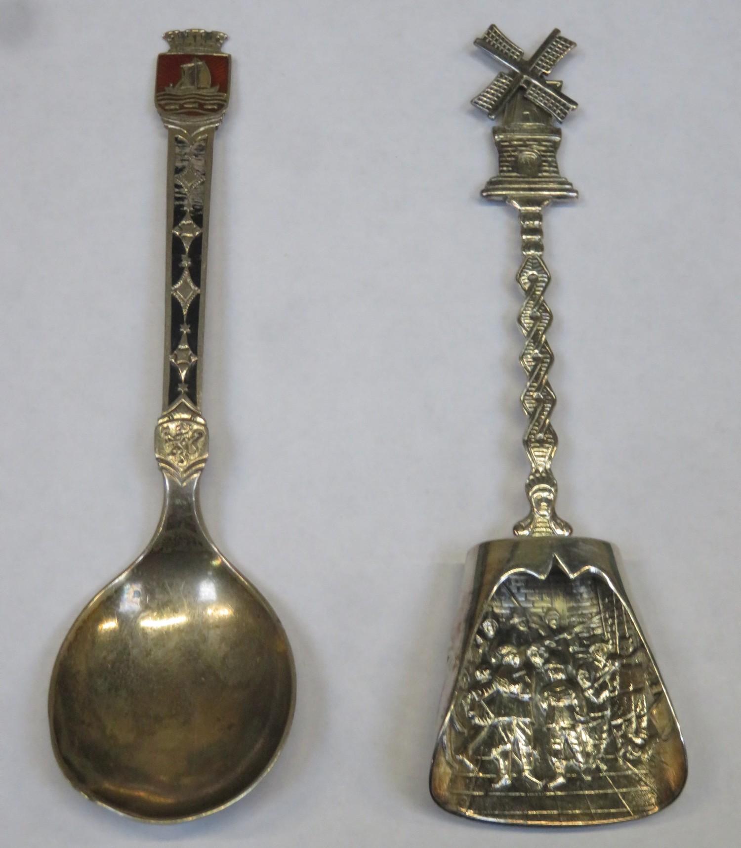 Unhallmarked Dutch silver diorama caddy spoon, plus 925 enamelled silver spoon